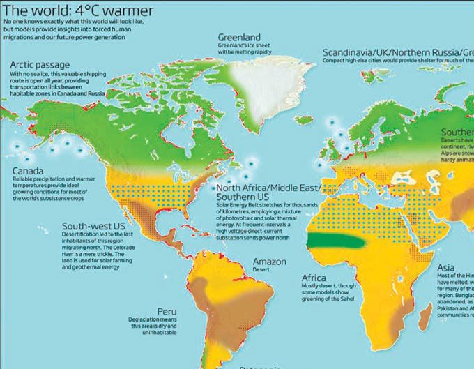 Source: New Scientist magazine. This picture shows what the world would look like after a four degree temperature raise. It's not a question of IF we get there, because we will, but WHEN we get there. The later the better.